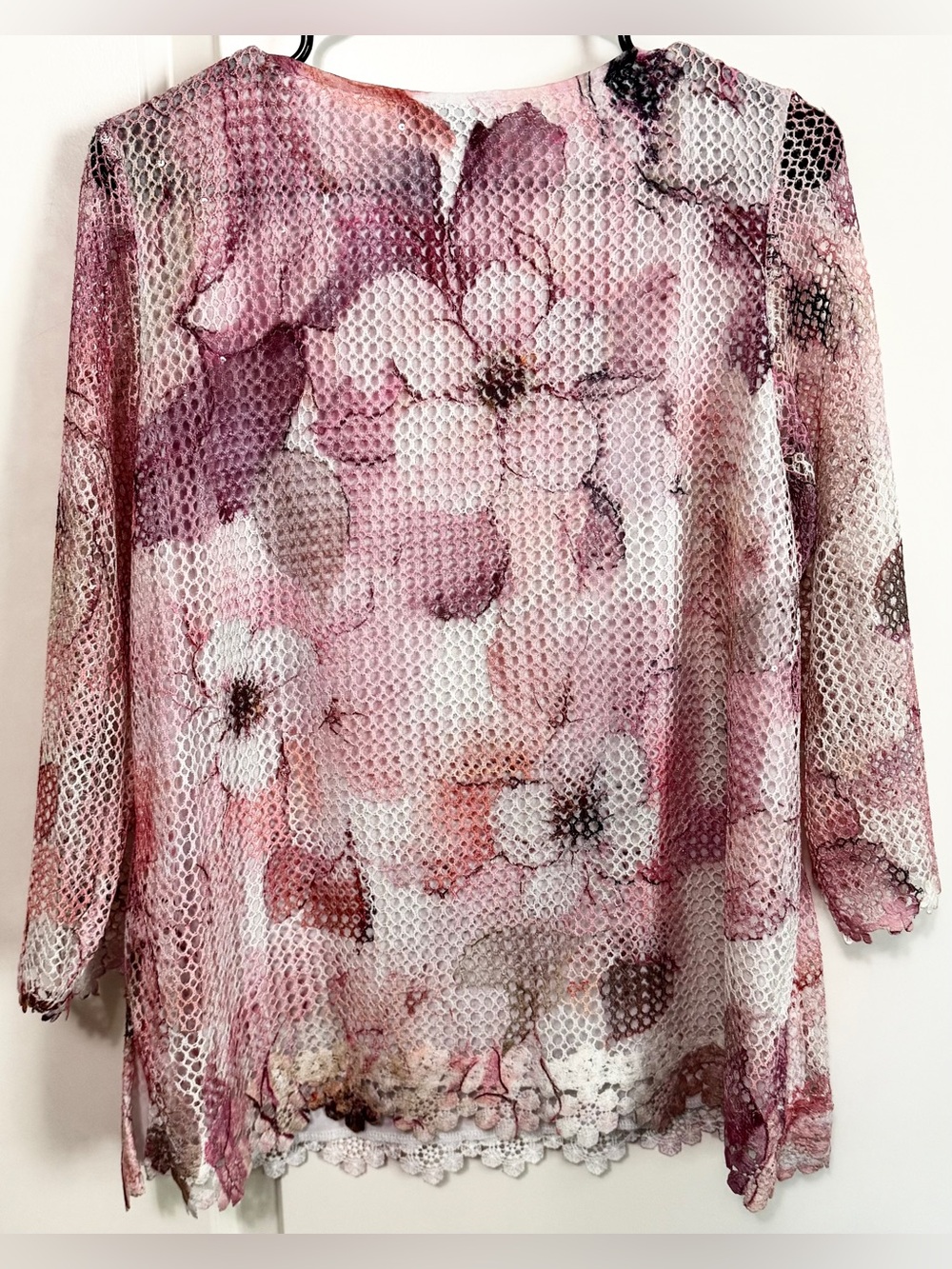 Alfred Dunner Floral Lace Mesh Sequin Blouse Pink Mauve Size S - Picture 5 of 11